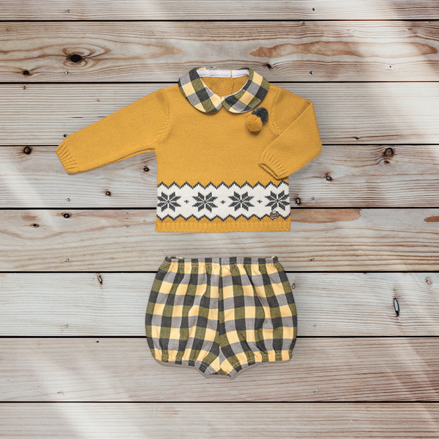 Juliana Mustard Knitted Fair isle Jam Pant Set Bows Baby Boutique