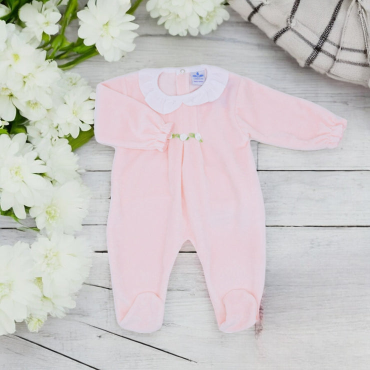 Pink & White Ruffle Collar Velour Sleepsuit