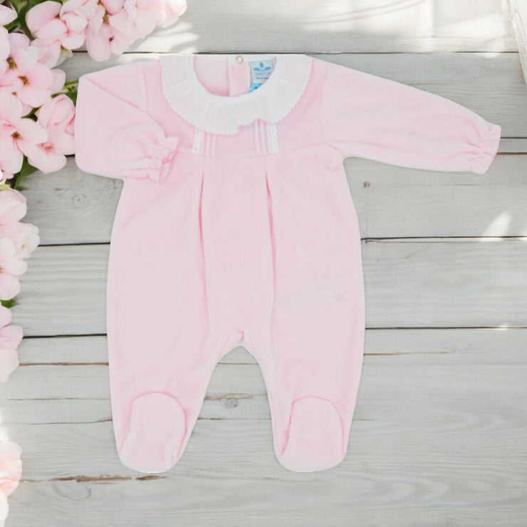 Pink Ruffle Collar Velour Sleepsuit