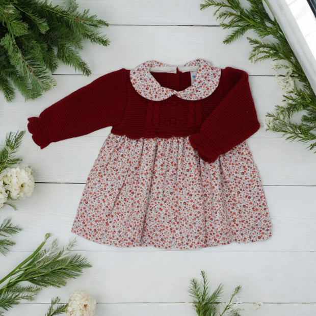 Cherry Red Half Knit Floral Dress