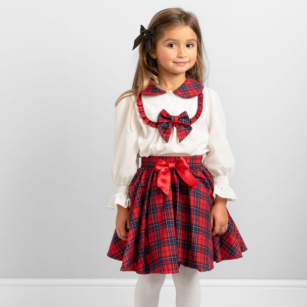 White Blouse & Red & Navy Tartan Skirt