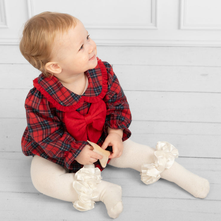 White Blouse & Red & Navy Tartan Skirt