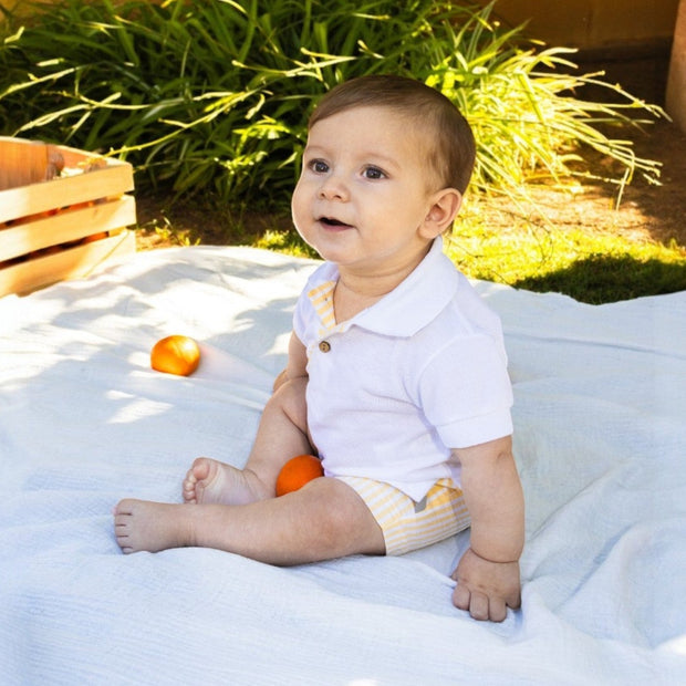 Calamaro White Polo & Yellow Stripe Shorts