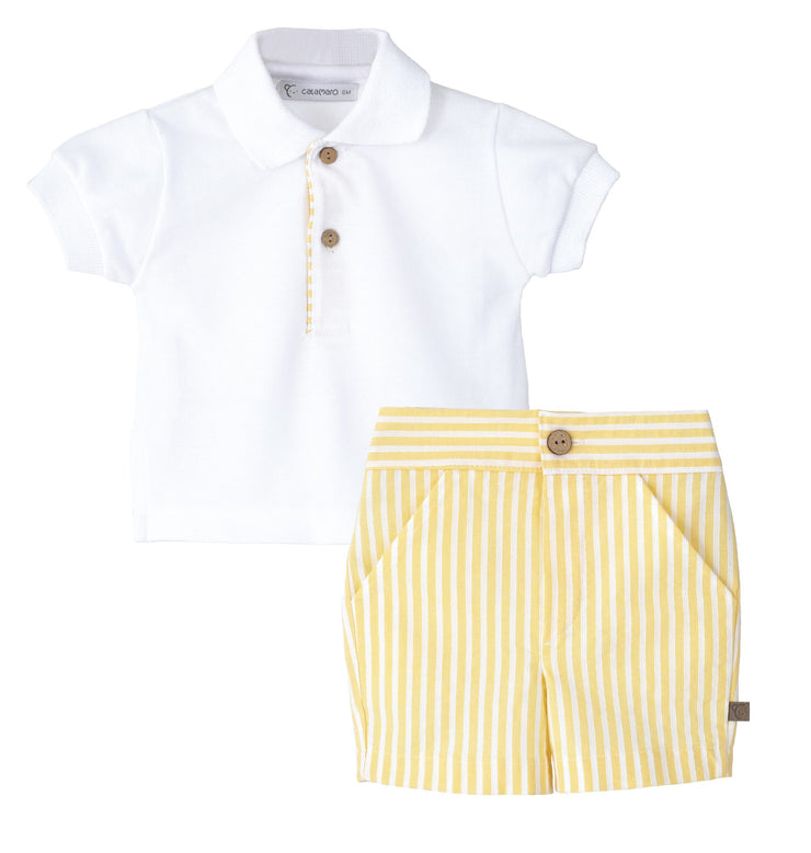 White Polo & Yellow Stripe Shorts