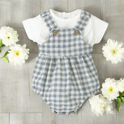 Calamaro White Top & Blue & White Gingham Romper Set