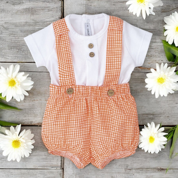 Calamaro White Top & Nectarine Gingham Dungaree Romper Set