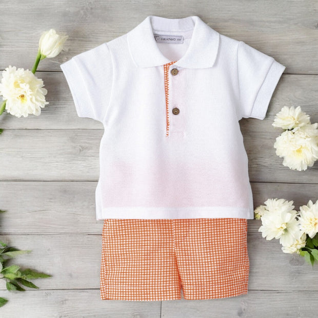 Calamaro White Polo & Nectarine Gingham Shorts