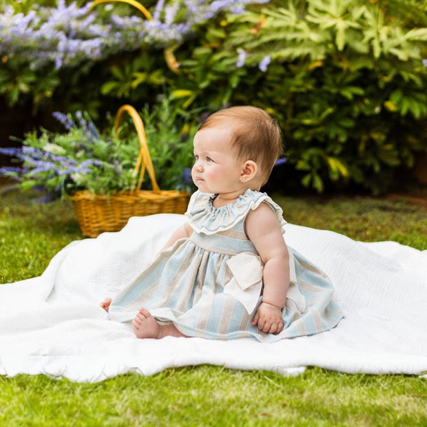 Calamaro Sand & Blue Stripe Ruffle Dress