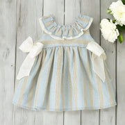 Calamaro Sand & Blue Stripe Ruffle Dress Front