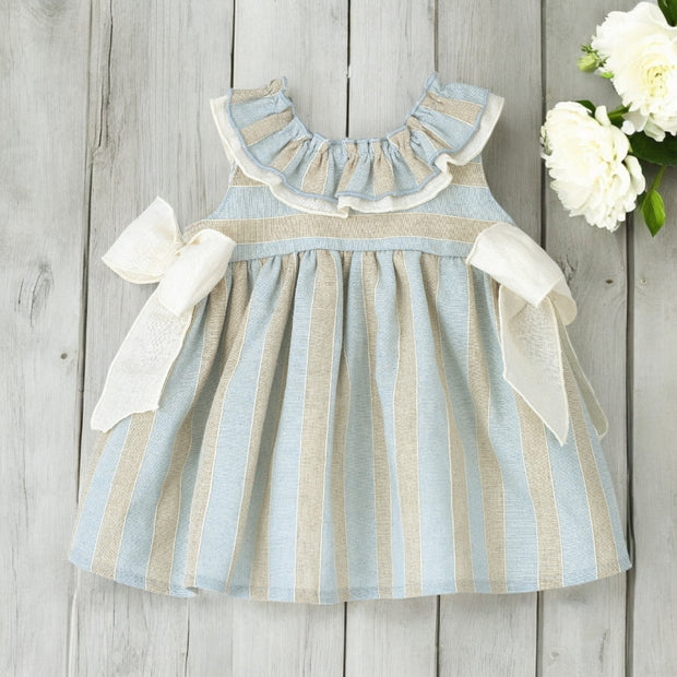 Calamaro Sand & Blue Stripe Ruffle Dress Front