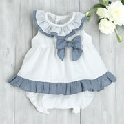 White & Petrol Blue Ruffle Top & Bloomers