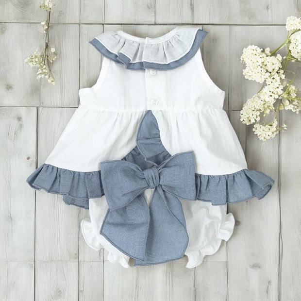 White & Petrol Blue Ruffle Top & Bloomers