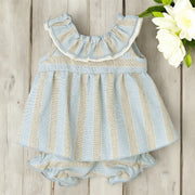 Calamaro Sand & Blue Stripe Ruffle Top & Bloomers