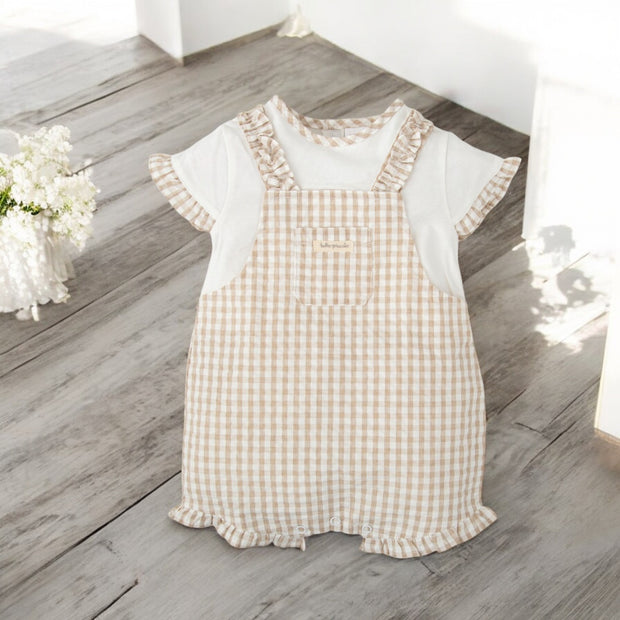 Tutto Piccolo Beige & White Gingham Ruffle Romper