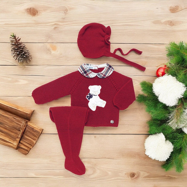 Deep Red Knitted Christmas Bear Set