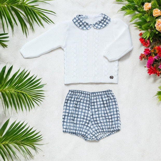 White Knitted Top & Blue Checked Jam Pant Set