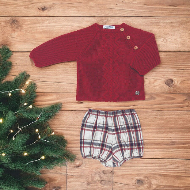 Deep red Knitted Top & Tartan Jam Pant Set