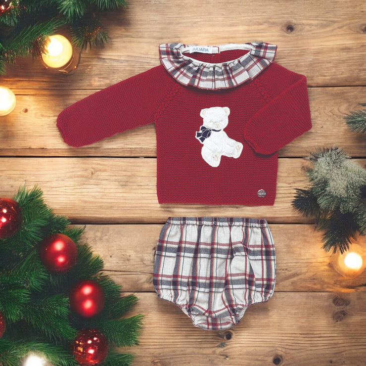 Deep Red Knitted Christmas Bear Top & Jam Pants