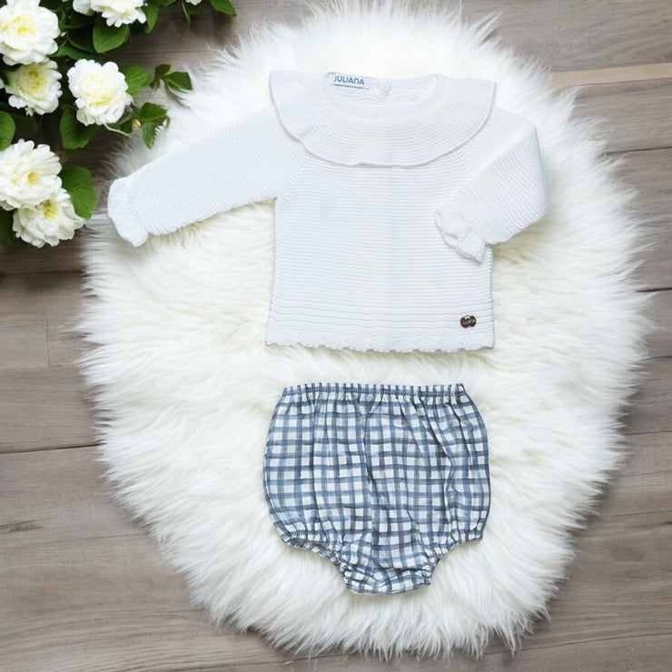 White Knitted Top & Bluish Grey Checked Bloomers