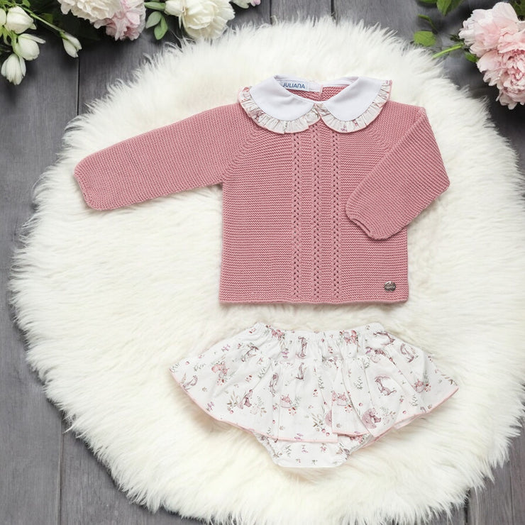 Dusky Pink Knitted Top & Skirt Bloomer Set