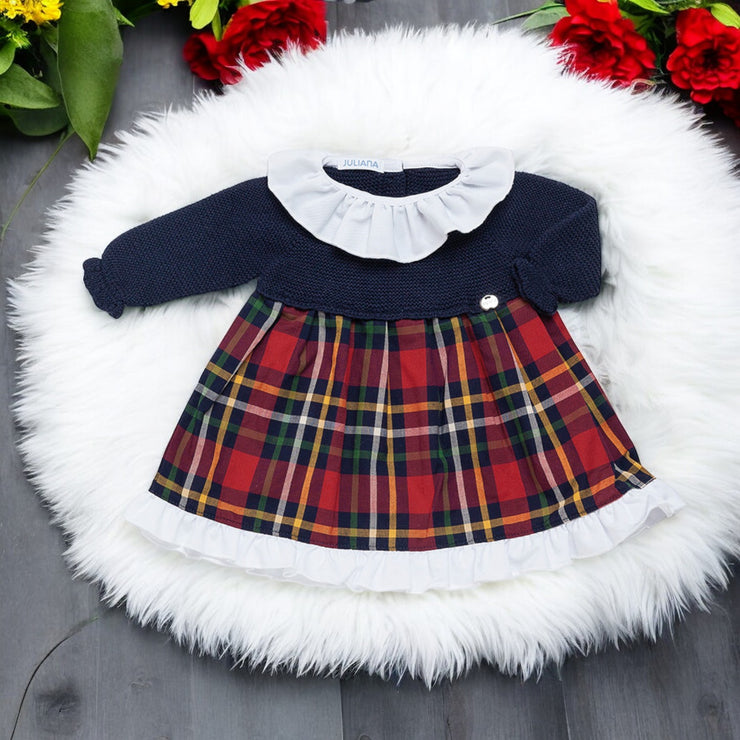 Navy Half Knit Tartan Dress