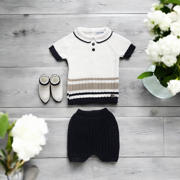 White & Navy Knitted Short Set