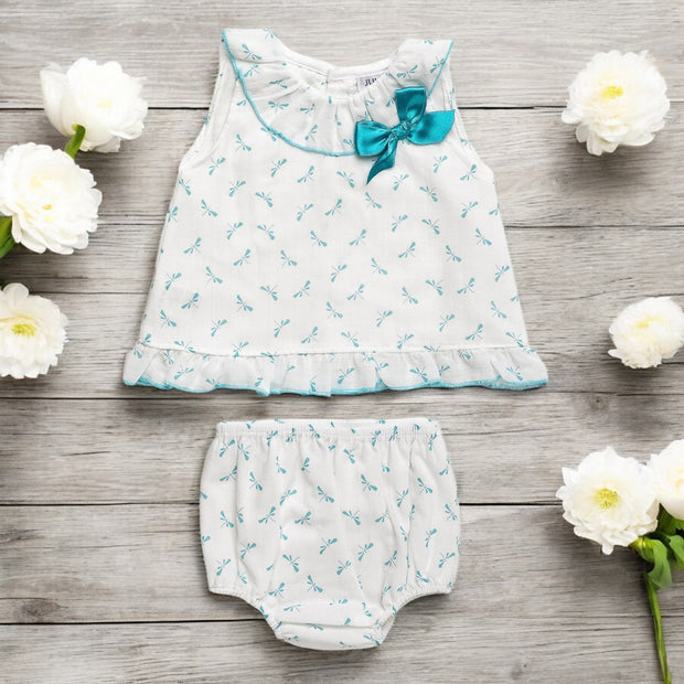 White & Turquoise Ruffle Top and Bloomers