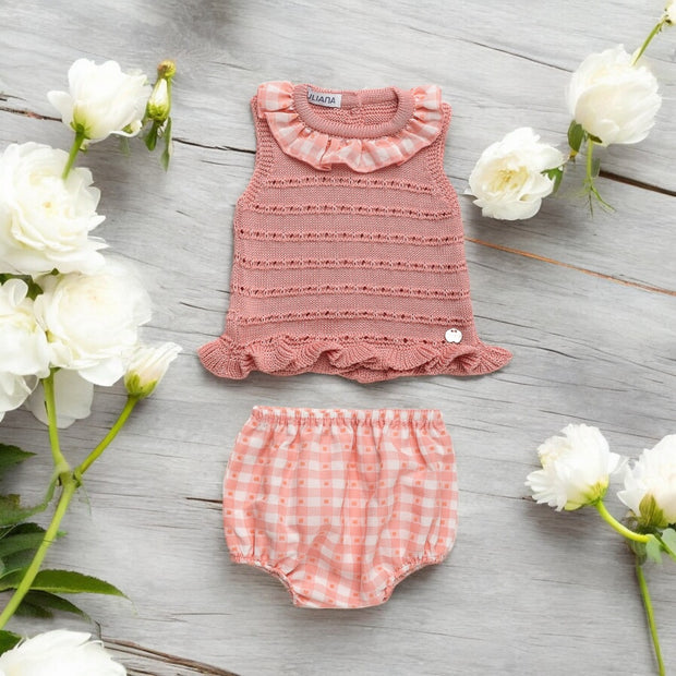 Blush Pink Knitted Top & Gingham Bloomers