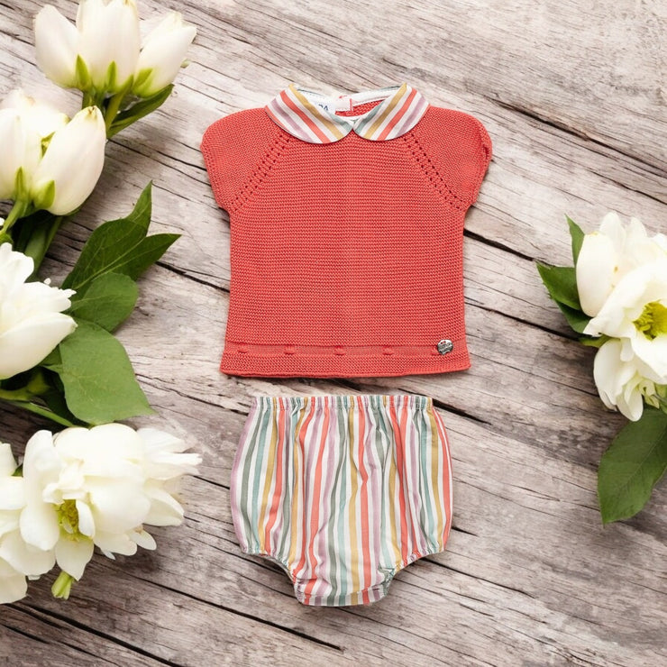 Coral Stripe Knitted Jam Pants Set