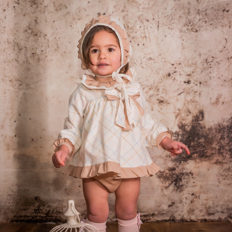 Cream & Beige Check Dress & Bloomers