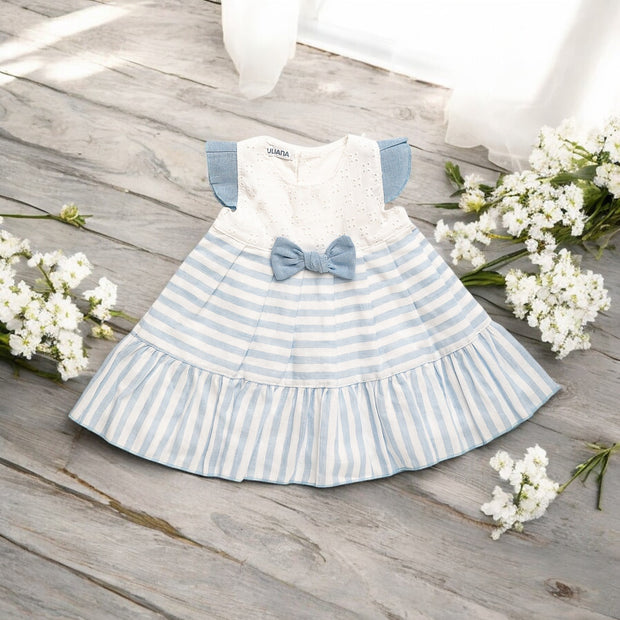 White & Blue Stripe Broderie Anglaise Dress