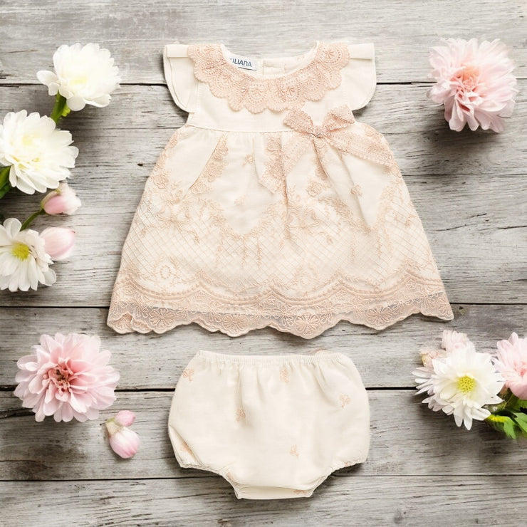 Cream & Dusky Pink Lace Dress & Bloomers