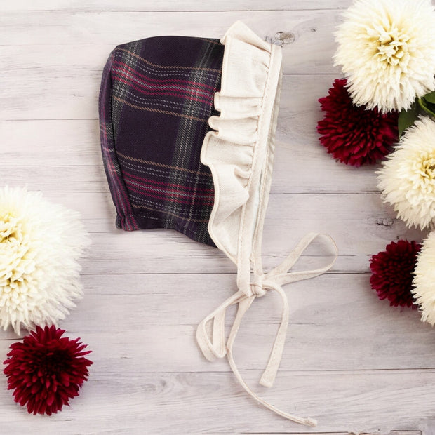 Navy & Burgundy Tartan Ruffle Bonnet