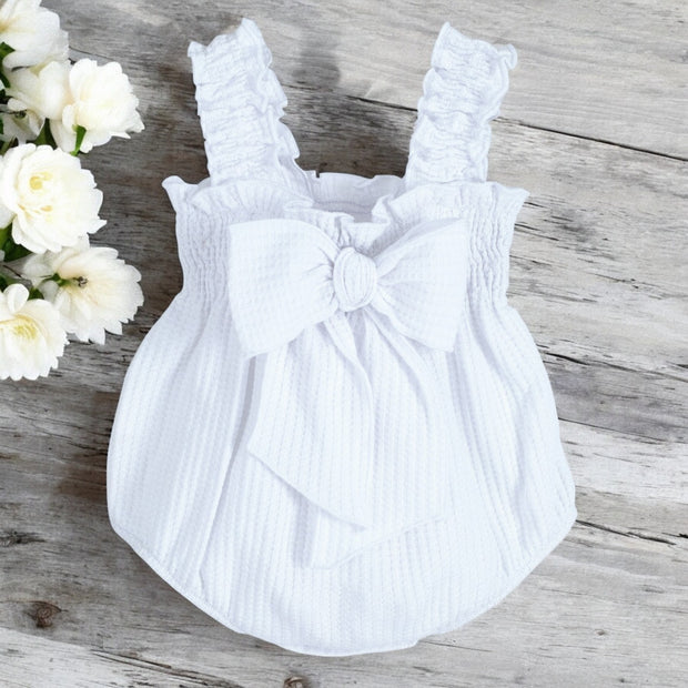 Calamaro White Waffle Bow Romper Back