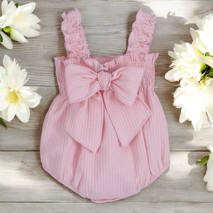 Calamaro Pink Waffle Bow Romper