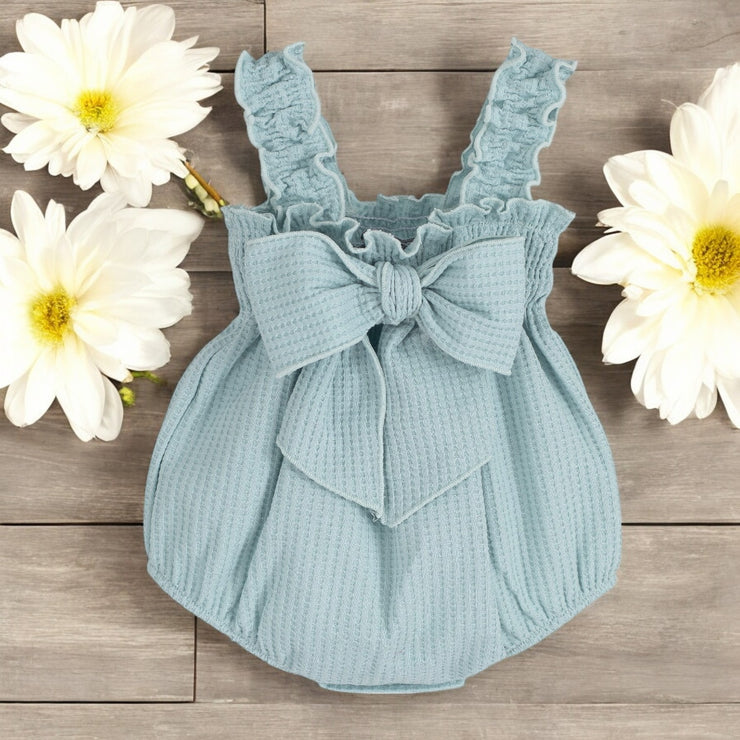 Calamaro Mint Waffle Bow Romper Back