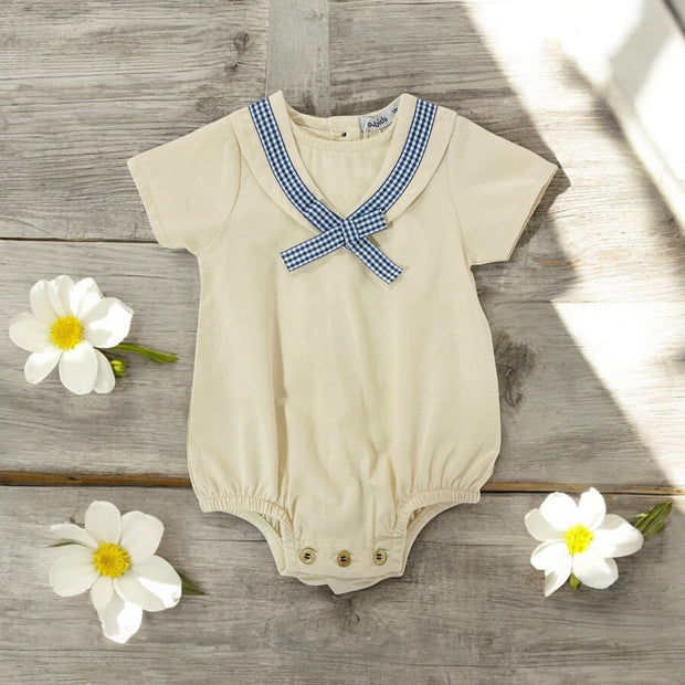 Babidu Beige & Navy Gingham Spanish Boys Romper