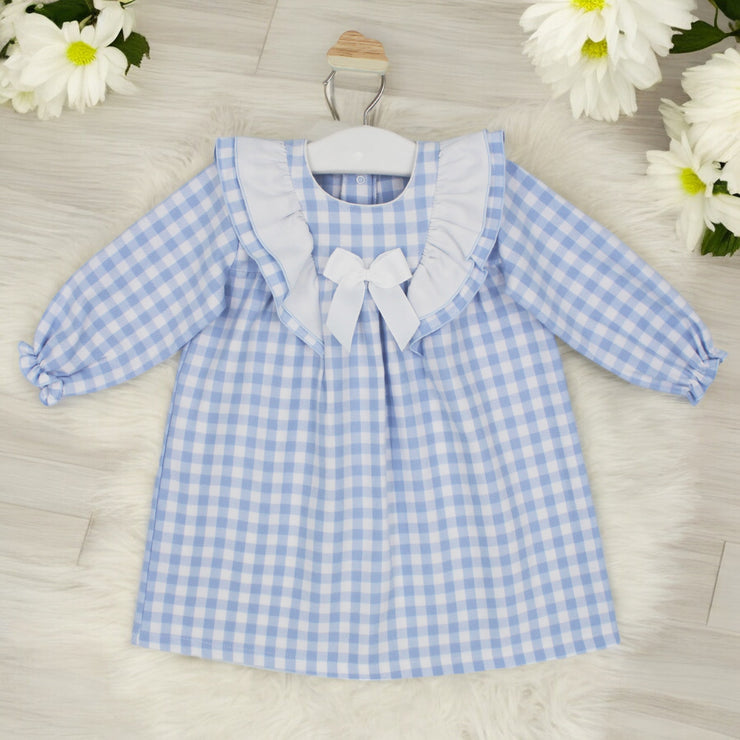 White & Blue Gingham Ruffle Dress