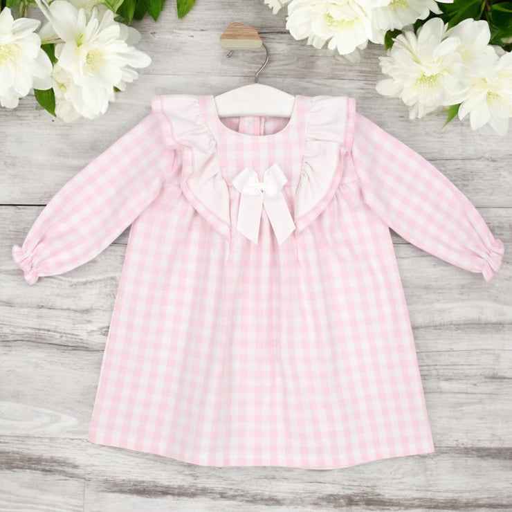 White & Pink Gingham Ruffle Dress