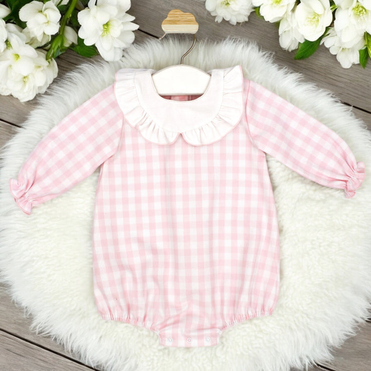 White & Pink Gingham Girls Romper