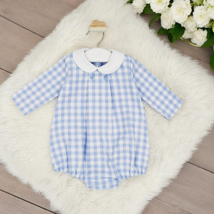 White & Blue Gingham Romper