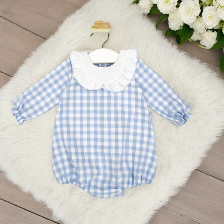 White & Blue Gingham Girls Romper