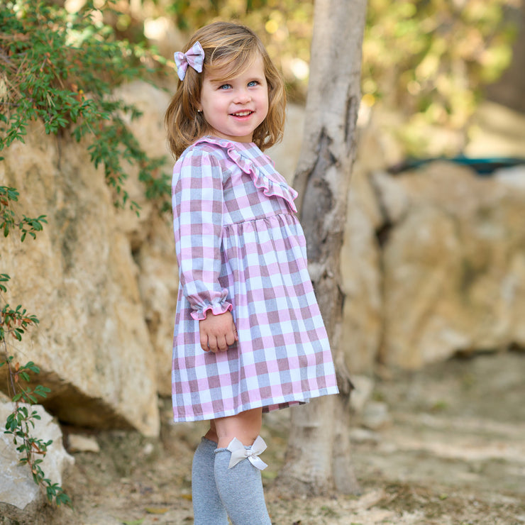 Dusky Pink & Grey Gingham Ruffle Dress