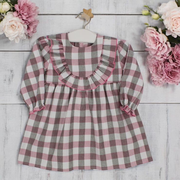 Dusky Pink & Grey Gingham Ruffle Dress