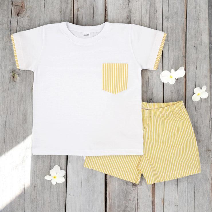 Rapife White & Yellow Stripe T-Shirt & Shorts Set front