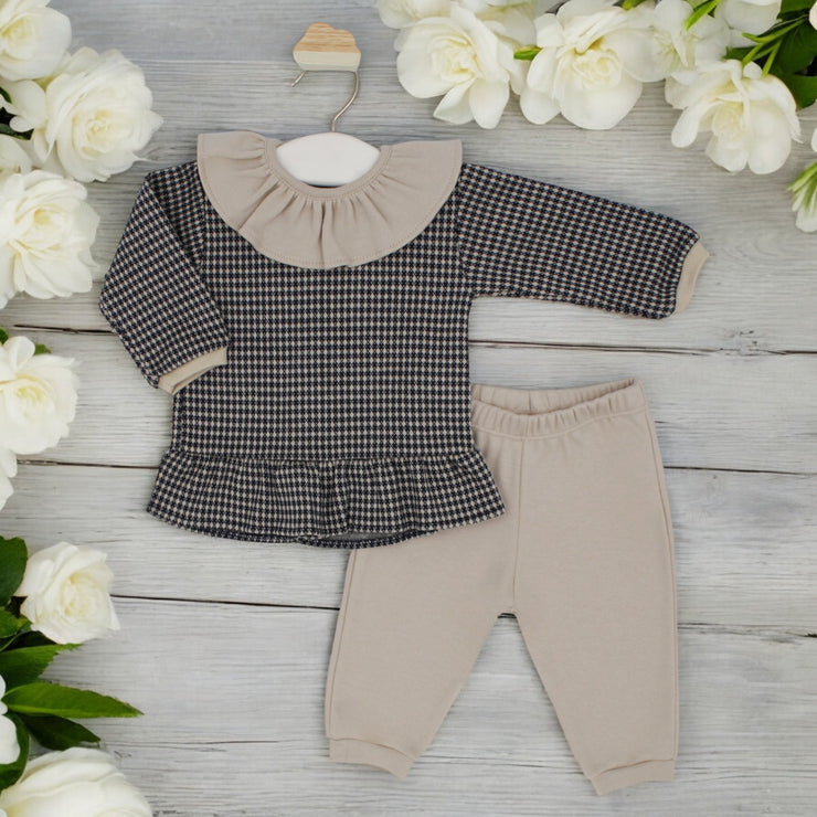 Navy & Camel Houndstooth Ruffle Leisure Set