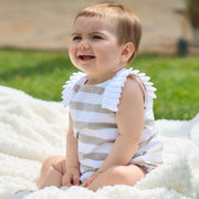 Rapife Camel & White Stripe Ruffle Romper 1