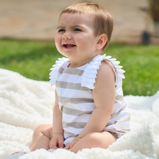 Rapife Camel & White Stripe Ruffle Romper 1