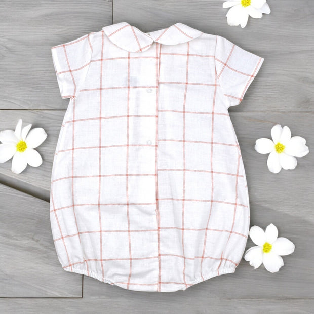 White & Peach Graph Check Romper rear