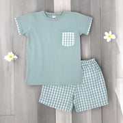 Rapife Sage Green & White Check T-Shirt & Shorts Set front